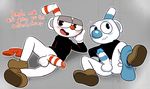  animate_inanimate anthro anus balls black_eyes blush bottomless brothers butt clothed clothing cup cuphead_(character) cuphead_(game) dialogue english_text erection felino footwear gloves half-closed_eyes hi_res humanoid_penis looking_at_viewer lying male mugman object_head on_side open_mouth penis presenting presenting_anus presenting_hindquarters presenting_penis raised_leg shirt shoes shorts sibling smile spread_legs spreading straw text tongue video_games young 