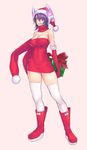  bare_shoulders boots breasts christmas cleavage commentary dress elbow_gloves eyepatch full_body gift gloves hair_between_eyes hat headgear kantai_collection large_breasts looking_at_viewer pink_background purple_hair red_dress red_footwear red_gloves red_hat red_scarf santa_costume santa_hat scarf short_dress short_hair simple_background skindentation smile solo standing tenryuu_(kantai_collection) thighhighs white_legwear yellow_eyes yuuji_(and) 