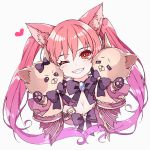  1girl animal_ear_fluff animal_ears bangs black_bow blush bow breasts cerberus_(shingeki_no_bahamut) cleavage commentary_request cropped_torso dog_ears eyebrows_visible_through_hair gradient_hair grey_background grin hair_between_eyes hand_puppet head_tilt heart medium_breasts multicolored_hair one_eye_closed pikomarie pink_hair puppet red_eyes red_hair shadowverse simple_background smile solo twintails 