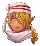  1girl androgynous bandage blonde_hair dark_skin earrings jewelry long_hair looking_at_viewer nintendo onisuu open_mouth pointy_ears red_eyes reverse_trap sheik simple_background solo the_legend_of_zelda the_legend_of_zelda:_ocarina_of_time white_background zelda_musou 