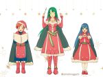  alternate_costume blue_hair blush breasts cape cecilia_(fire_emblem) christmas couple dress elbow_gloves fire_emblem fire_emblem:_fuuin_no_tsurugi fire_emblem_heroes fur_trim gloves green_eyes green_hair hat headband highres large_breasts lilina long_hair looking_at_viewer merry_christmas nintendo nishimura_(nianiamu) open_mouth red_dress red_gloves red_hair roy_(fire_emblem) sack santa_costume santa_hat short_hair simple_background smile younger 
