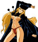  arm_up bad_id bad_pixiv_id blonde_hair breasts brown_eyes cape fundoshi ginga_tetsudou_999 hat japanese_clothes kanai_makoto_(kanaman7) large_breasts long_hair maetel midriff navel nipples simple_background small_nipples solo very_long_hair 