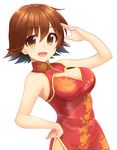  :d breasts brown_eyes brown_hair china_dress chinese_clothes cleavage dress eyebrows_visible_through_hair floral_print hand_on_hip hand_up highres honda_mio idolmaster idolmaster_cinderella_girls kon5283 medium_breasts open_mouth short_hair smile solo standing 
