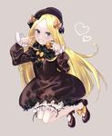  abigail_williams_(fate/grand_order) bangs black_bow black_footwear black_hat blonde_hair bloomers blue_eyes blush bow brown_background brown_dress bug butterfly commentary_request dress eyebrows_visible_through_hair fate/grand_order fate_(series) fingernails fingers_to_cheeks forehead full_body grin hair_bow hands_up hat heart highres insect kagari_hiko long_hair long_sleeves looking_at_viewer mary_janes open_mouth orange_bow parted_bangs polka_dot polka_dot_bow shoes simple_background smile solo underwear very_long_hair white_bloomers 