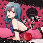  apple aqua_eyes aqua_hair asd13 bare_shoulders bed_sheet breasts camisole food fruit hair_down half-closed_eyes hatsune_miku lace-trimmed_camisole lace_trim long_hair looking_at_viewer lying messy_hair on_stomach open_mouth pillow pink_background pink_camisole polka_dot polka_dot_background romeo_to_cinderella_(vocaloid) sideboob small_breasts solo song_name strap_slip vocaloid 