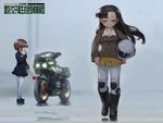  asymmetrical_bangs bangs belt black_dress black_footwear boots brown_hair brown_jacket chi-hatan_military_uniform closed_eyes closed_mouth copyright_name dress facing_viewer fog from_side gekitotsu!_joshikousei_oiroke_sensha_gundan girls_und_panzer glasses ground_vehicle helmet holding jacket judge kamen_rider kamen_rider_black_(series) knee_boots knee_pads light_smile loafers long_hair long_sleeves medallion military military_uniform miniskirt motor_vehicle motorcycle motorcycle_helmet multiple_girls nishi_kinuyo outdoors pants pants_under_skirt pantyhose parody pleated_skirt reflection round_eyewear sankuma sasagawa_kanon shirt shoes short_dress short_hair sign skirt standing uniform vehicle_request whistle white_legwear white_pants white_shirt yellow_skirt 