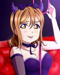  :p bangs bare_shoulders between_breasts blush breasts brown_hair choker cleavage closed_mouth commentary demon_horns elbow_gloves fake_horns gloves hair_between_eyes hair_ribbon hairband horns kunikida_hanamaru long_hair love_live! love_live!_sunshine!! medium_breasts polearm ribbon sleeveless smug solo sooki tongue tongue_out trident upper_body weapon yellow_eyes 