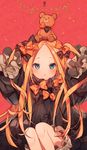  :o abigail_williams_(fate/grand_order) alternate_hairstyle ana_(rznuscrf) arms_up bangs black_bow black_dress blonde_hair bloomers blue_eyes blush bow bug butterfly commentary_request dress fate/grand_order fate_(series) hair_bow highres insect key keyhole long_hair long_sleeves looking_at_viewer no_hat no_headwear on_head orange_bow parted_bangs parted_lips polka_dot polka_dot_bow sleeves_past_wrists solo stuffed_animal stuffed_toy teddy_bear two_side_up underwear very_long_hair white_bloomers 