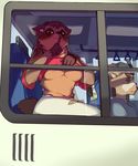 anthro big_breasts blush breasts brown_fur bus cleavage clothed clothing clothing_lift female finger_on_mouth fur looking_at_viewer male mammal pants procyonid public raccoon shirt shirt_lift torionion torn_clothing torn_pants under_boob 