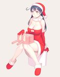  ahoge bare_legs bare_shoulders blue_hair blush breasts brown_eyes christmas cleavage closed_mouth dress elbow_gloves full_body gloves hat highres kantai_collection knees_together_feet_apart large_breasts long_hair mittens pink_background pom_poms red_dress red_gloves red_hat santa_costume santa_hat scarf short_dress simple_background sitting slippers smile solo ushio_(kantai_collection) white_scarf yuuji_(and) 