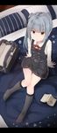  :/ absurdres backpack backpack_removed bag bangs bed belt black_legwear book crime_prevention_buzzer double-breasted dress eyebrows_visible_through_hair full_body grey_hair hair_ribbon highres indoors kantai_collection kasumi_(kantai_collection) kneehighs knees_together_feet_apart letterboxed long_hair long_sleeves looking_at_viewer neck_ribbon no_shoes on_bed pillow pinafore_dress red_ribbon remodel_(kantai_collection) ribbon room school_uniform searchlight shirt side_ponytail sitting socks solo tsurime white_shirt yellow_eyes yuki_(yukin0128) 