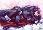  2girls armor bed_sheet belt blue_footwear blue_gloves blue_hair blush bubble_background cape eyes_closed fingerless_gloves fire_emblem fire_emblem:_kakusei fire_emblem_heroes gloves hand_on_head jadenkaiba jewelry kiss long_hair lucina lying multiple_girls nintendo selfcest tiara watermark wrist_cuffs yuri 