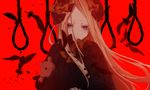  abigail_williams_(fate/grand_order) asa_(memento) bangs black_bow black_dress black_hat blonde_hair blue_eyes bow closed_mouth dress fate/grand_order fate_(series) feathers forehead hair_bow hat head_tilt highres long_hair long_sleeves looking_at_viewer noose object_hug orange_bow parted_bangs polka_dot polka_dot_bow red_background rope sleeves_past_wrists solo stuffed_animal stuffed_toy teddy_bear very_long_hair 