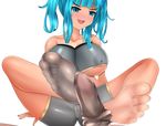  1girl aqua_eyes aqua_hair areola_slip barefoot blush breasts cameltoe erect_nipples feet footjob large_breasts long_hair looking_at_viewer open_mouth pov sheer_legwear single_sock sock_on_penis sockjob socks socks_removed soles toes transparent_background twintails underboob 