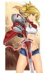  armor bandeau blonde_hair clarent clenched_teeth cowboy_shot denim denim_shorts electricity fate/apocrypha fate_(series) gauntlets green_eyes hair_ornament hair_scrunchie highres jewelry midriff mordred_(fate) mordred_(fate)_(all) navel pendant ponytail red_scrunchie scrunchie shorts shoulder_armor solo standing teeth uemukai_dai wind 