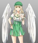  angel_wings annabel-m blonde_hair blush breasts cleavage closed_mouth commission contrapposto feathered_wings flower gradient gradient_background green_eyes green_hat green_skirt grey_background hat high-waist_skirt jewelry long_hair looking_at_viewer mabinogi medium_breasts necklace puffy_short_sleeves puffy_sleeves short_sleeves skirt smile solo standing thighhighs twitter_username wings wristband 