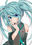  aqua_hair bandaid bandaid_on_face bare_shoulders blue_eyes blue_nails blue_neckwear detached_sleeves gotoh510 hatsune_miku heart highres long_hair looking_at_viewer messy_hair nail_polish necktie parted_lips shirt sleeveless sleeveless_shirt solo twintails upper_body vocaloid 