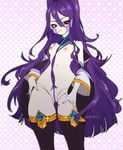  1girl :o artist_name bangs blazblue blazblue:_chronophantasma breasts cowboy_shot detached_sleeves hades_izanami hair_between_eyes hair_censor highres long_hair looking_at_viewer maidfrills messy_hair mikado_(blazblue) navel nipples parted_lips ponytail purple_hair red_eyes small_breasts solo standing stomach thighhighs very_long_hair 