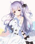  ahoge azur_lane bangs bare_shoulders black_bow black_ribbon blush bow closed_mouth collarbone commentary detached_sleeves dress elbow_gloves eyebrows_visible_through_hair gloves hair_bun hair_ribbon hand_to_own_mouth head_tilt long_hair looking_at_viewer object_hug one_side_up purple_eyes purple_hair ribbon sakura_mochiko side_bun solo strapless strapless_dress stuffed_alicorn stuffed_animal stuffed_toy unicorn_(azur_lane) very_long_hair white_dress white_gloves 