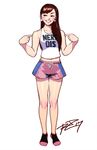  ankle_socks bags_under_eyes breasts brown_hair commentary d.va_(overwatch) earrings full_body grin highres jewelry lips long_hair navel nerf_this overwatch pointing pointing_at_self robert_porter shorts small_breasts smile socks solo standing straight_hair tank_top whisker_markings 