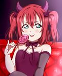  :p aqua_eyes bangs bare_shoulders blush candy choker closed_mouth commentary couch demon_horns elbow_gloves fake_horns food gloves hair_between_eyes hair_ribbon holding holding_food horns kurosawa_ruby lollipop love_live! love_live!_sunshine!! parted_bangs red_hair ribbon sleeveless smile smug solo sooki swirl_lollipop tongue tongue_out two_side_up upper_body 