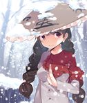  asuzemu black_hair braid breasts capelet coat commentary frills hat long_sleeves looking_at_viewer medium_breasts red_capelet red_eyes smile snow snowing solo touhou twin_braids white_coat yatadera_narumi 