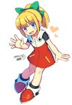  blonde_hair blue_eyes boots commentary_request dress iroyopon long_hair open_mouth ponytail red_dress ribbon rockman rockman_(classic) rockman_11 roll smile solo waving 