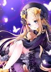  abigail_williams_(fate/grand_order) bangs black_bow black_dress black_hat blonde_hair bloomers blue_eyes bow bug butterfly commentary_request dress eyebrows_visible_through_hair eyes_visible_through_hair fate/grand_order fate_(series) forehead hair_bow hane_yuki hat highres insect long_hair long_sleeves looking_at_viewer night night_sky object_hug orange_bow outdoors parted_bangs parted_lips polka_dot polka_dot_bow sitting sky sleeves_past_wrists smile solo star_(sky) starry_sky stuffed_animal stuffed_toy teddy_bear underwear very_long_hair white_bloomers 