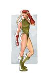  bare_shoulders beret blonde_hair blue_background blue_eyes boots braid cammy_white closed_mouth contrapposto full_body gloves green_footwear green_leotard hat highres leotard long_hair red_gloves red_hat salute single_braid solo standing street_fighter tim_loechner 