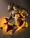  2017 anthro armor bracers breasts canine cape clothing female fire fur grin groenveld jewelry knife mammal necklace shoulder_guard simple_background smile solo spikes tan_fur unconvincing_armor video_games warcraft weapon were werewolf whip worgen 