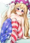  after_sex american_flag_legwear arm_support bangs blonde_hair breasts closed_mouth clownpiece collarbone commentary_request cum cum_on_body cum_on_lower_body dated fairy_wings feet hands_up hat jester_cap long_hair looking_at_viewer nakareki nipples no_shoes pantyhose pink_eyes polka_dot purple_hat simple_background sitting small_breasts soles solo striped striped_legwear topless torn_clothes torn_legwear touhou very_long_hair white_background wings 