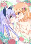  :d animal_ears bangs blue_eyes blue_hair blush breasts cacao_(chocolat) cat_ears collarbone commentary_request cover cover_page doujin_cover eye_contact eyebrows_visible_through_hair gochuumon_wa_usagi_desu_ka? hair_between_eyes hoto_cocoa kafuu_chino light_brown_hair long_hair looking_at_another medium_breasts multiple_girls nipples nude open_mouth parted_lips profile purple_eyes shiny shiny_skin smile translation_request very_long_hair yuri 
