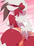  2017 anthro big_butt breasts butt canine clothing digital_media_(artwork) female fur hair hi_res lycanroc mammal midnight_lycanroc napdust nintendo panties pink_eyes pok&eacute;mon pok&eacute;mon_(species) red_eyes red_fur ring_eyes short_tail side_boob simple_background solo underwear video_games white_fur white_hair 