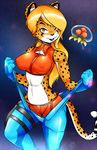  alien anthro breasts cheetah clothing crop_top duckdraw feline female fur hair mammal metroid mihari nintendo nipple_bulge orange_eyes orange_fur orange_hair shirt slim spots video_games white_belly zero_suit 