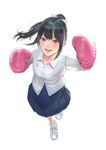  black_eyes black_hair boxing_gloves commentary_request dress_shirt from_above highres looking_at_viewer open_mouth original pleated_skirt ponytail rungsak_sontayanont shirt shoes simple_background skirt smile sneakers solo white_background 