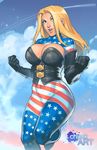  1girl american_flag artist_logo black_gloves blonde_hair blue_eyes bodysuit breasts bustier chuck_pires cleavage cleavage_cutout clenched_hands cloud covered_navel elbow_gloves eyeshadow flag_print gloves hair_over_one_eye large_breasts lips long_hair looking_at_viewer makeup mount_olympus_comics nose open_mouth patriotika patriotism skin_tight solo standing standing_on_one_leg superhero w_arms 