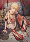  arabian_clothes arm_support barefoot blonde_hair earrings fate/grand_order fate_(series) gilgamesh gilgamesh_(caster)_(fate) jewelry looking_at_viewer male_focus necklace parted_lips pillow red_eyes signature smile solo takashi_(huzakenna) tattoo 
