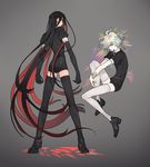  absurdly_long_hair absurdres amputee black_gloves black_hair bort crystal_hair danganronpa diamond_(houseki_no_kuni) elbow_gloves full_body gem gem_uniform_(houseki_no_kuni) gloves grey_background highres houseki_no_kuni kamukura_izuru komaeda_nagito loafers long_hair look-alike looking_at_viewer looking_back male_focus multiple_boys puffy_short_sleeves puffy_sleeves shoes short_sleeves shorts simple_background smile super_danganronpa_2 thighhighs very_long_hair white_hair 