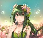  annabel-m asui_tsuyu bangs bare_arms bare_shoulders boku_no_hero_academia breasts bubble choker cleavage closed_mouth dress eyebrows_visible_through_hair fingernails flower green_dress green_eyes green_hair hair_between_eyes hair_flower hair_ornament hair_rings leaf leaf_on_head lips long_hair looking_at_viewer lotus low-tied_long_hair medium_breasts pink_lips smile solo upper_body 
