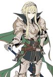  armor bad_id bad_twitter_id bangs belt black_legwear blonde_hair breastplate brown_eyes cape closed_mouth copyright_request cowboy_shot frown gauntlets greaves green_cape hand_on_hilt hand_on_hip headpiece high_collar highres long_hair looking_at_viewer maruchi pauldrons plate_armor simple_background solo standing sword thighhighs weapon white_background 