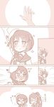  5girls :&gt; :d @_@ aulick_(azur_lane) azur_lane beret blush comic embarrassed eyebrows eyebrows_visible_through_hair feathers fingernails fletcher_(azur_lane) flying_sweatdrops foote_(azur_lane) glasses hair_between_eyes hair_ornament hairclip hat hat_feather hat_ribbon high_ponytail jewelry long_hair monochrome multiple_girls neckerchief nose_blush open_mouth peeking_out raigou ribbon ring school_uniform serafuku smile sparkle spence_(azur_lane) sweatdrop thatcher_(azur_lane) translated wavy_mouth wedding_band 