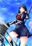  bangs bicycle bicycle_basket black_hair black_serafuku blue_eyes blue_skirt blue_sky day ground_vehicle highres konekoneko_(indonesia) long_hair looking_at_viewer outdoors road_sign school_uniform serafuku sign skirt sky solo thighs 