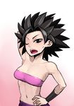  bandeau bare_shoulders black_eyes black_hair blush breasts caulifla cleavage commentary_request dragon_ball dragon_ball_super looking_at_viewer medium_breasts midriff misonou_hirokichi navel solo spiked_hair strapless 