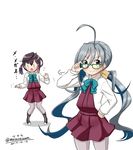  3_3 ahoge artist_name bespectacled black_hair blue-framed_eyewear boots cowboy_shot cross-laced_footwear dated glasses grey_eyes grey_hair grey_legwear hair_between_eyes halterneck kantai_collection kiyoshimo_(kantai_collection) lace-up_boots low_twintails masara_(masalucky2010) multicolored_hair multiple_girls no_eyewear okinami_(kantai_collection) pantyhose pink_hair school_uniform shirt short_hair simple_background twintails twitter_username white_background white_shirt 