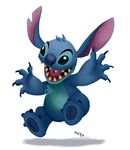  2013 4_fingers 4_toes alien blue_claws blue_eyes blue_fur blue_nose chest_tuft claws digital_media_(artwork) disney experiment_(species) full-length_portrait fur head_tuft jumping lilo_and_stitch lynxgriffin no_sclera notched_ear open_mouth open_smile portrait signature simple_background smile solo stitch toes tuft white_background 