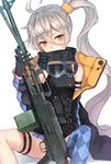  ahoge arm_support asymmetrical_legwear bangs bare_shoulders black_footwear blush commentary covered_mouth expressionless girls_frontline gloves goggles goggles_around_neck gun hair_between_eyes head_tilt holding holding_gun holding_weapon jacket long_hair looking_at_viewer machine_gun magazine_(weapon) pkp_(girls_frontline) pkp_pecheneg ryuinu side_ponytail silver_hair simple_background single_thighhigh sitting solo strap thigh_strap thighhighs tsurime very_long_hair weapon white_background yellow_eyes 