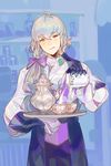  alternate_costume blush cosplay european_clothes fire_emblem fire_emblem_if fire_emblem_musou formal gloves grey_hair highres jewelry joker_(fire_emblem_if) joker_(fire_emblem_if)_(cosplay) male_focus ponytail red_eyes suit takumi_(fire_emblem_if) tea 