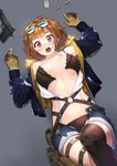  absurdres bangs bare_shoulders blue_jacket blue_shorts blunt_bangs blush bra breasts brown_bra brown_gloves brown_hair brown_panties bullet commentary_request cowboy_shot eyebrows_visible_through_hair eyewear_on_head fpanda fur_trim girls_frontline gloves grey_background grizzly_mkv_(girls_frontline) gun handgun highres holster jacket knee_up large_breasts legband lying o-ring on_back open_bra open_clothes open_mouth open_shirt panties pistol purple_eyes shirt shorts simple_background solo sunglasses thighhighs torn_clothes underwear weapon white_shirt 