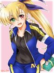  :d arms_behind_back asymmetrical_bangs bangs black_shirt blonde_hair blue_jacket blue_pants blue_ribbon cowboy_shot drill_locks eyebrows_visible_through_hair gift green_eyes hair_ribbon happy_birthday heterochromia holding jacket long_hair looking_at_viewer lyrical_nanoha mahou_shoujo_lyrical_nanoha_vivid older open_clothes open_jacket open_mouth pants pink_background red_eyes ribbon san-pon shirt side_ponytail single_vertical_stripe smile solo standing t-shirt track_jacket track_pants twitter_username vivio 