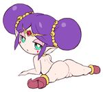  ass bad_id bad_pixiv_id from_behind green_eyes half-closed_eyes looking_at_viewer looking_back lying nollety nude on_stomach pandora_(youkai_watch) pointy_ears purple_hair pussy simple_background solo spread_legs white_background youkai youkai_watch 